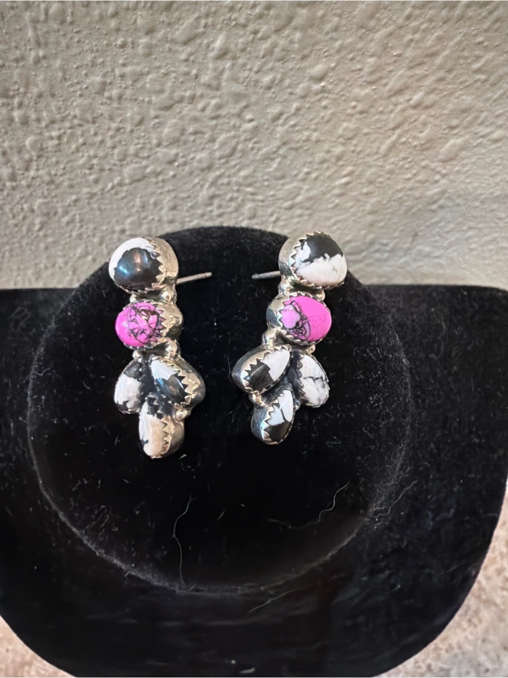 Sterling Silver Pink Turquoise & White Buffalo Style Dangle Earrings